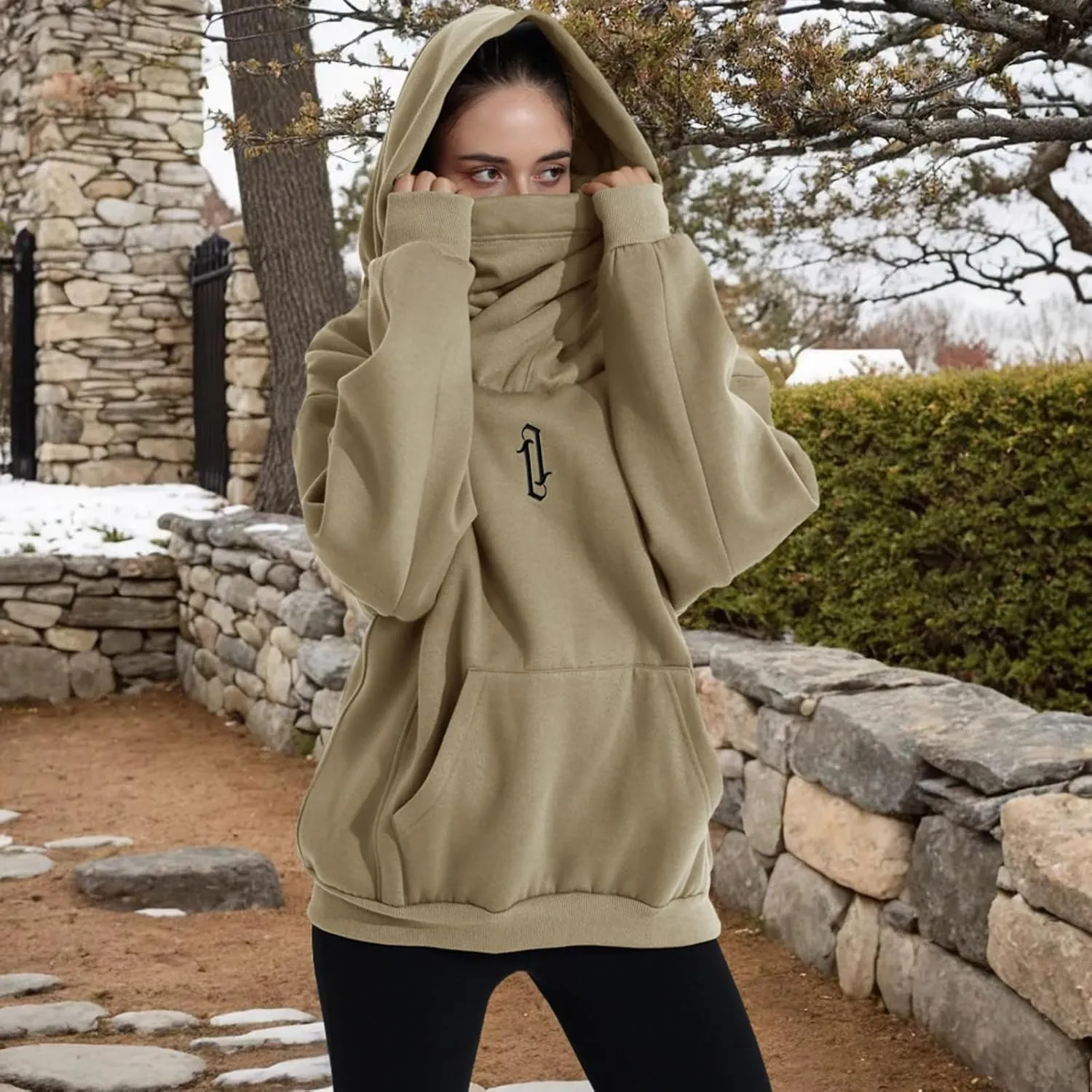 Womens Fleece Hoodie with Scarf Soft Cotton Oversized Pullover Casual Hooded Sweatshirts Fall Winter Clothes
