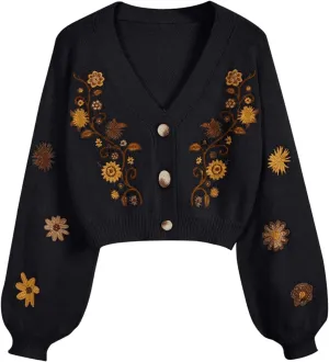 Women's Floral Embroidery Hippie Crop Cardigan Sweater Cottagecore Button Down V Neck Long Sleeve Sweater Knit Top