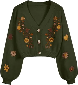 Women's Floral Embroidery Hippie Crop Cardigan Sweater Cottagecore Button Down V Neck Long Sleeve Sweater Knit Top