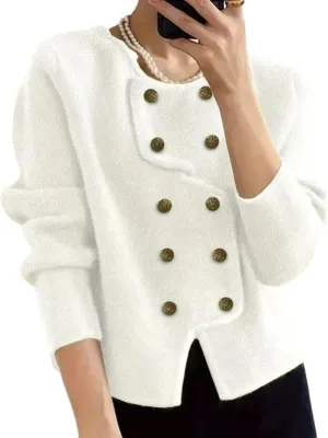 Women's French Double Breasted Cropped Crewneck Cardigan Sweaters Long Sleeve Casual Outfits 2024 Winter Knitted Tops