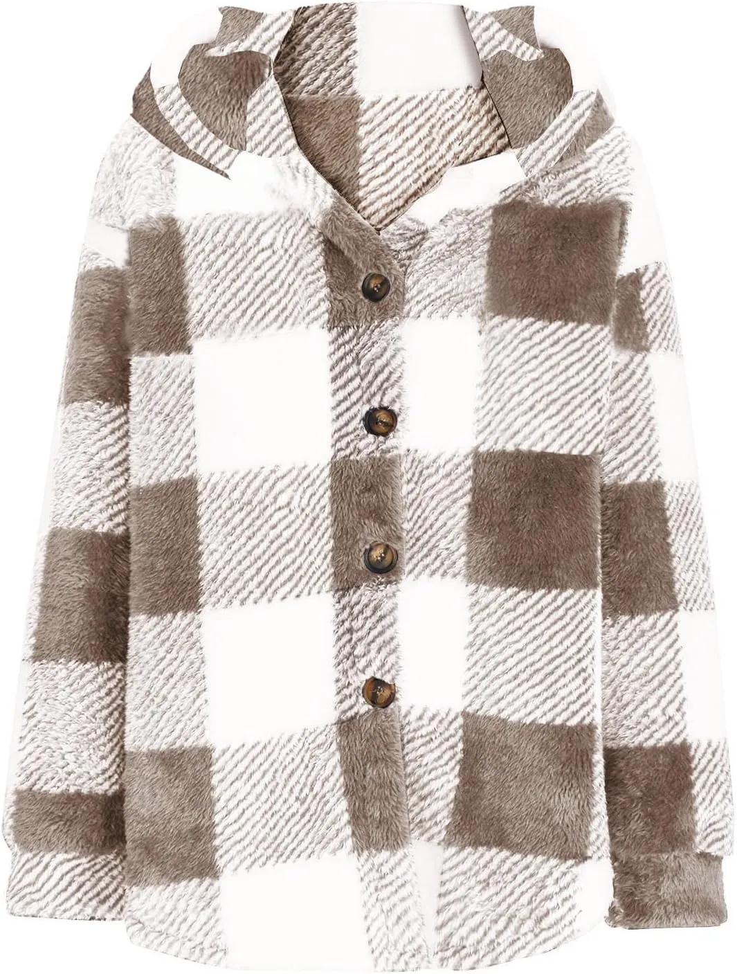 Womens Fuzzy Fleece Plaid Jacket Flannel Hooded Button Down Outerwear Fashion Lightweight Open Front Sherpa Cardigan