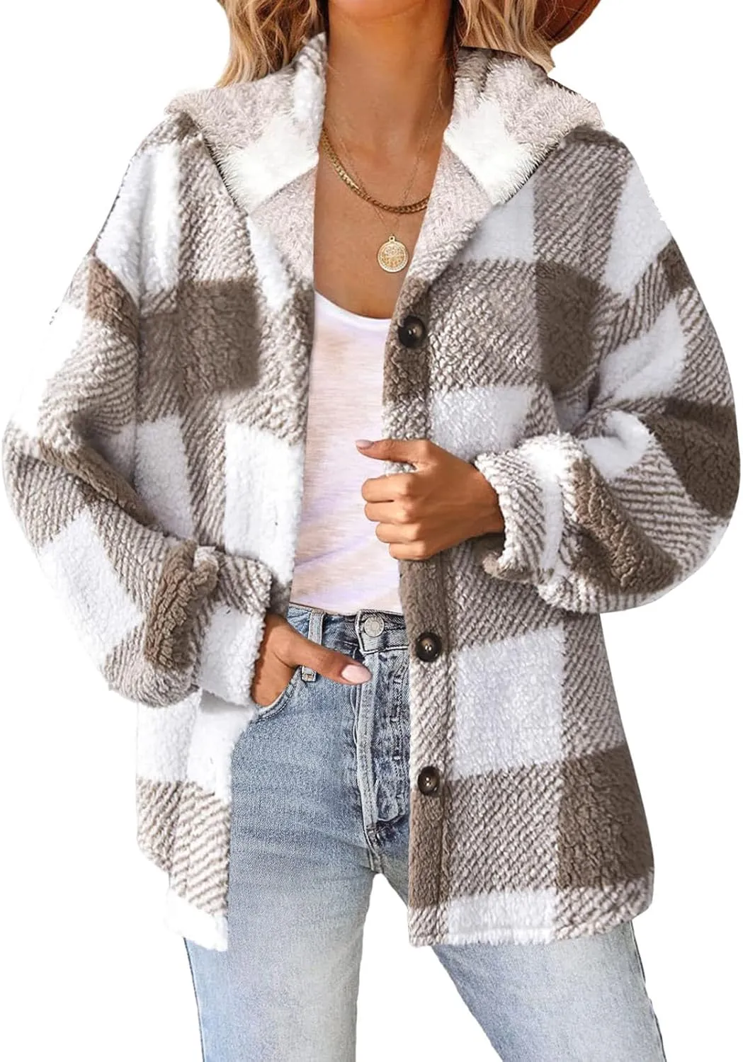 Womens Fuzzy Fleece Plaid Jacket Flannel Hooded Button Down Outerwear Fashion Lightweight Open Front Sherpa Cardigan