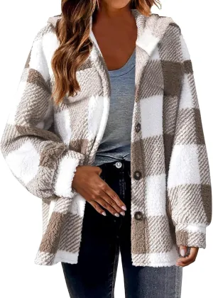 Womens Fuzzy Fleece Plaid Jacket Flannel Hooded Button Down Outerwear Fashion Lightweight Open Front Sherpa Cardigan