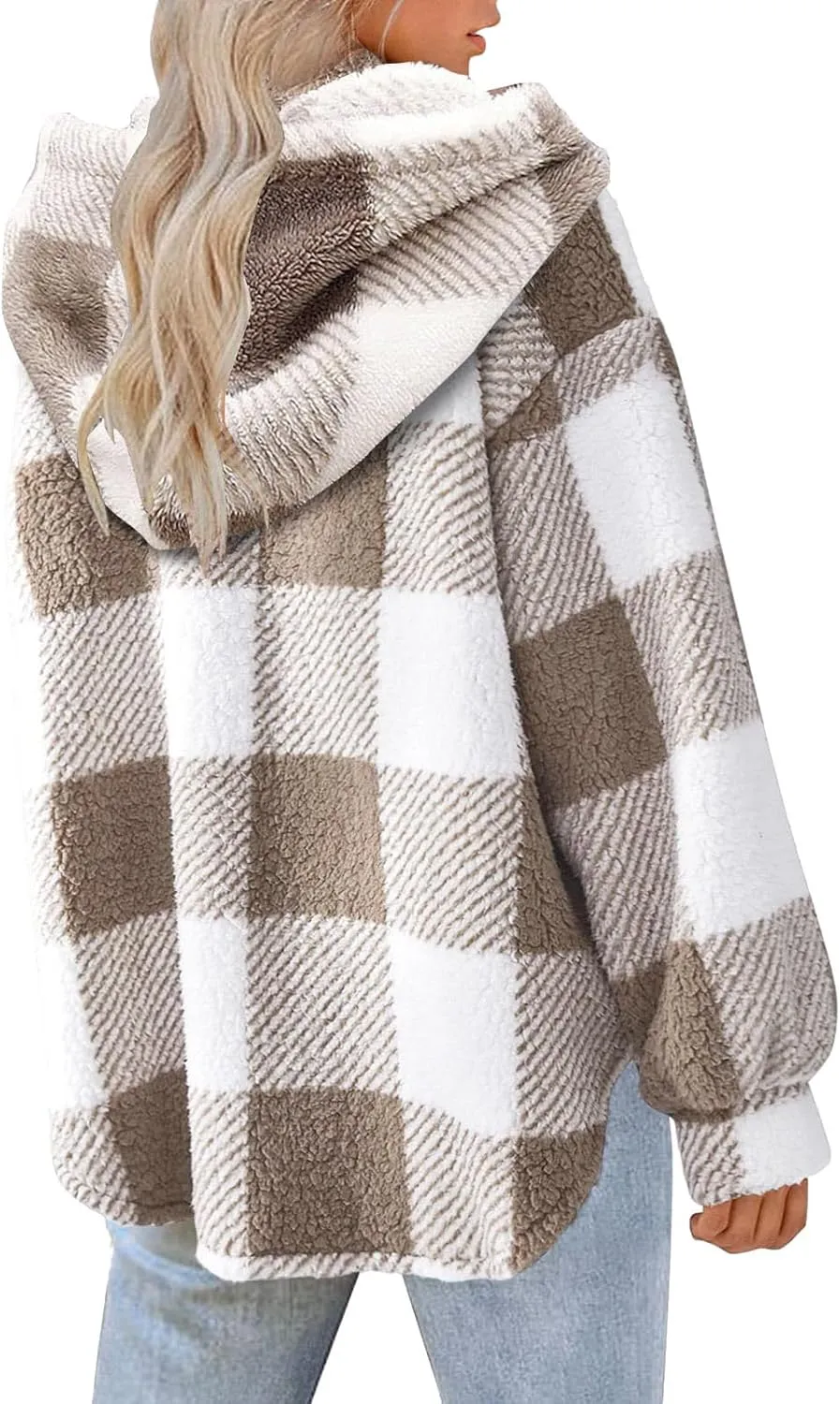 Womens Fuzzy Fleece Plaid Jacket Flannel Hooded Button Down Outerwear Fashion Lightweight Open Front Sherpa Cardigan