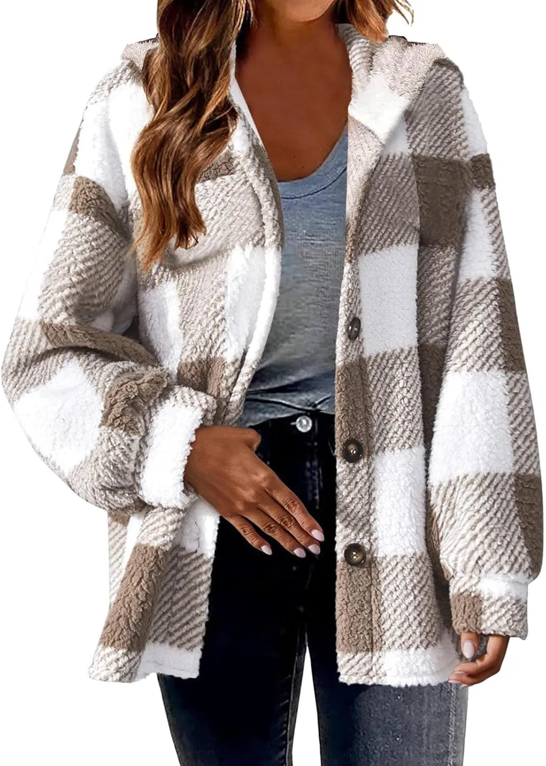 Womens Fuzzy Fleece Plaid Jacket Flannel Hooded Button Down Outerwear Fashion Lightweight Open Front Sherpa Cardigan