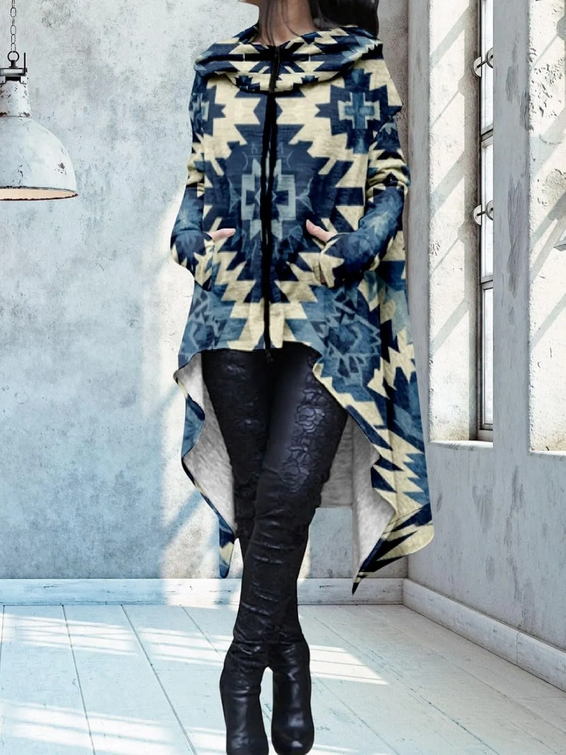 Womens Hoodies Cloak Oversized Aztec Fall High Low Pullover Robe Poncho Shirt Dress Hooded Sweatshirt with Pocket