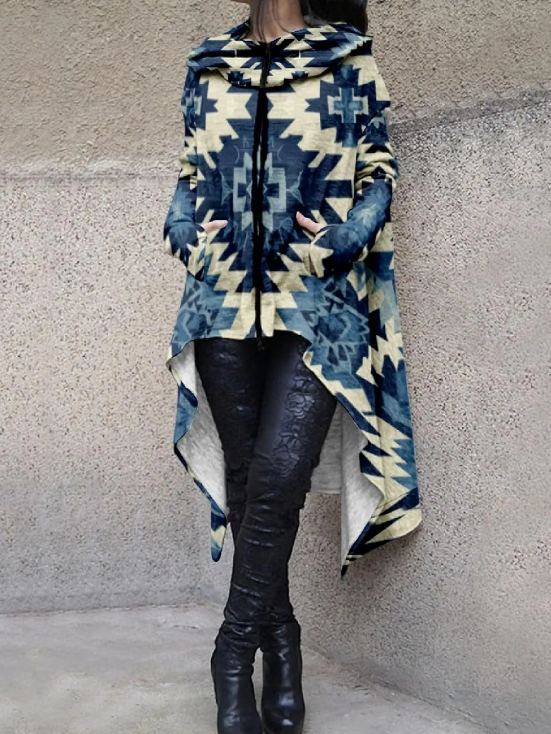 Womens Hoodies Cloak Oversized Aztec Fall High Low Pullover Robe Poncho Shirt Dress Hooded Sweatshirt with Pocket