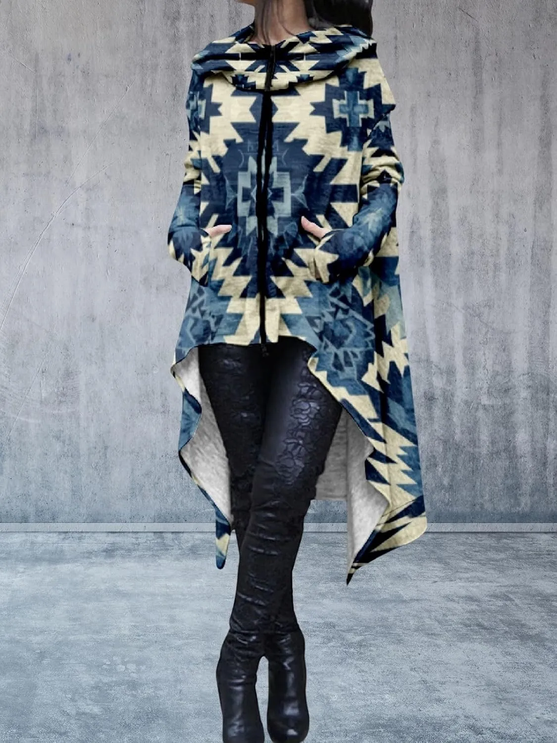 Womens Hoodies Cloak Oversized Aztec Fall High Low Pullover Robe Poncho Shirt Dress Hooded Sweatshirt with Pocket