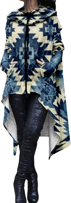 Womens Hoodies Cloak Oversized Aztec Fall High Low Pullover Robe Poncho Shirt Dress Hooded Sweatshirt with Pocket