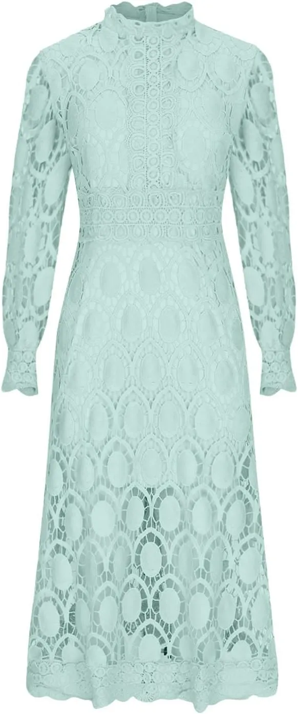 Womens Lace Crochet Vintage Maxi Dres Hollow Lantern Sleeve High Neck Wedding Guest Dress Elegant Empire Waist Dress