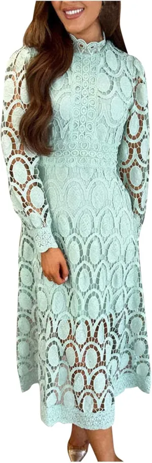 Womens Lace Crochet Vintage Maxi Dres Hollow Lantern Sleeve High Neck Wedding Guest Dress Elegant Empire Waist Dress