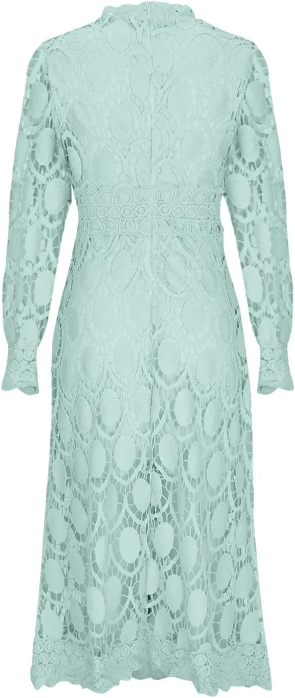 Womens Lace Crochet Vintage Maxi Dres Hollow Lantern Sleeve High Neck Wedding Guest Dress Elegant Empire Waist Dress