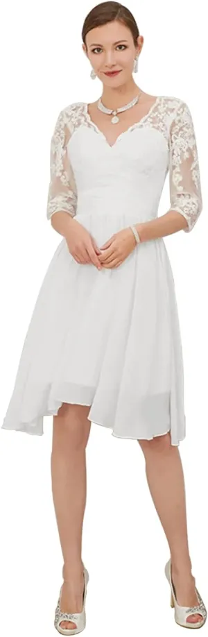 Women's Lace Short Wedding Dresses for Bride 2025 A Line Engagement Elopement Tulle Long Sleeve Bridal Shower Dress