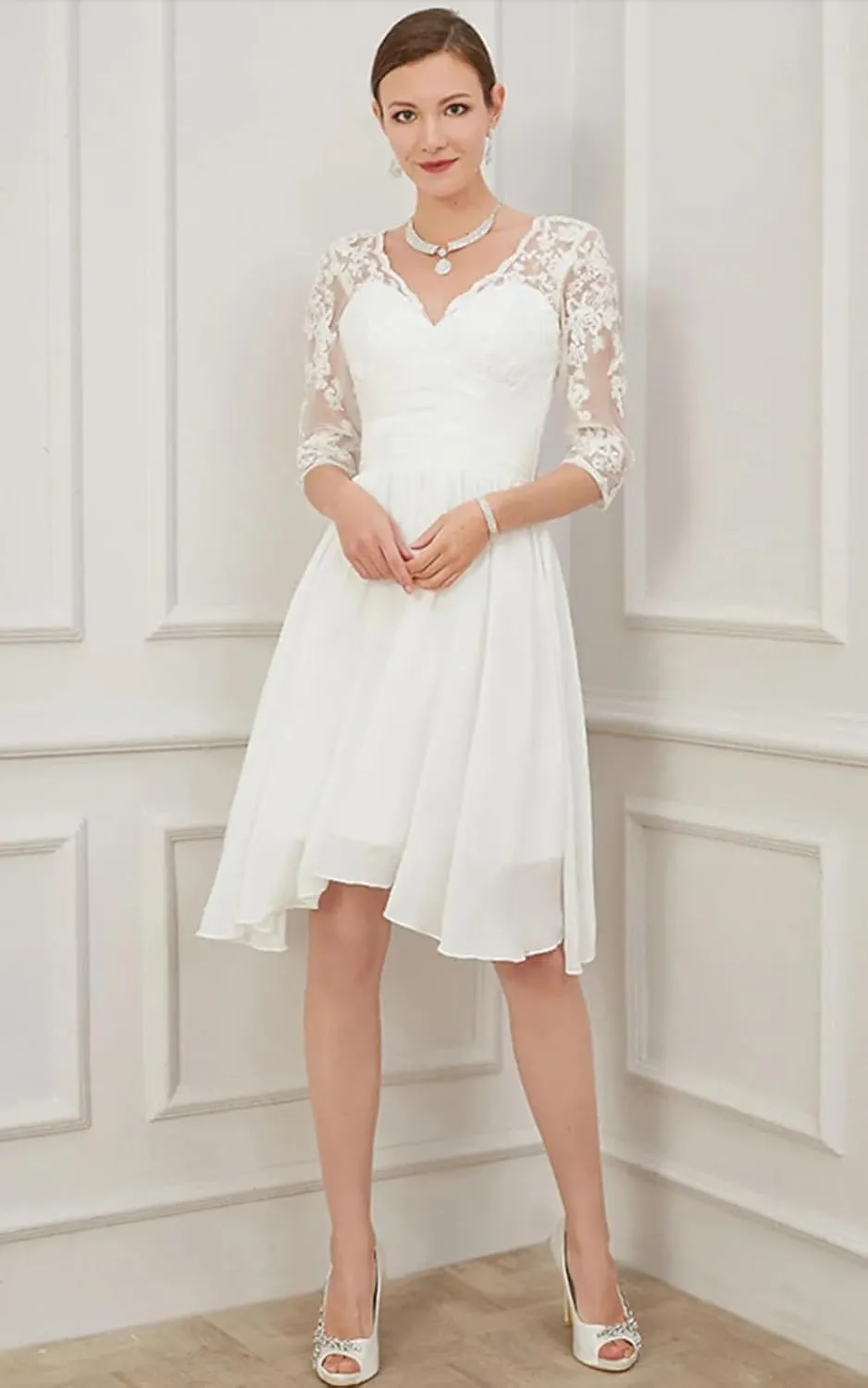 Women's Lace Short Wedding Dresses for Bride 2025 A Line Engagement Elopement Tulle Long Sleeve Bridal Shower Dress