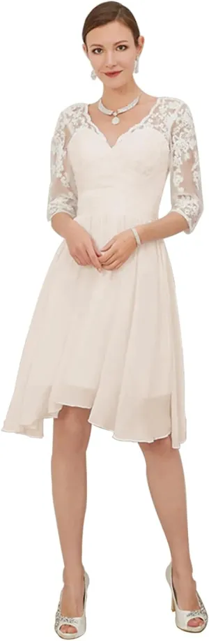 Women's Lace Short Wedding Dresses for Bride 2025 A Line Engagement Elopement Tulle Long Sleeve Bridal Shower Dress