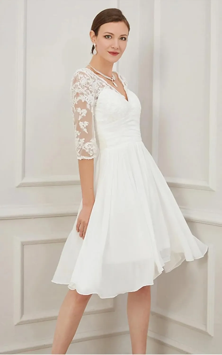 Women's Lace Short Wedding Dresses for Bride 2025 A Line Engagement Elopement Tulle Long Sleeve Bridal Shower Dress