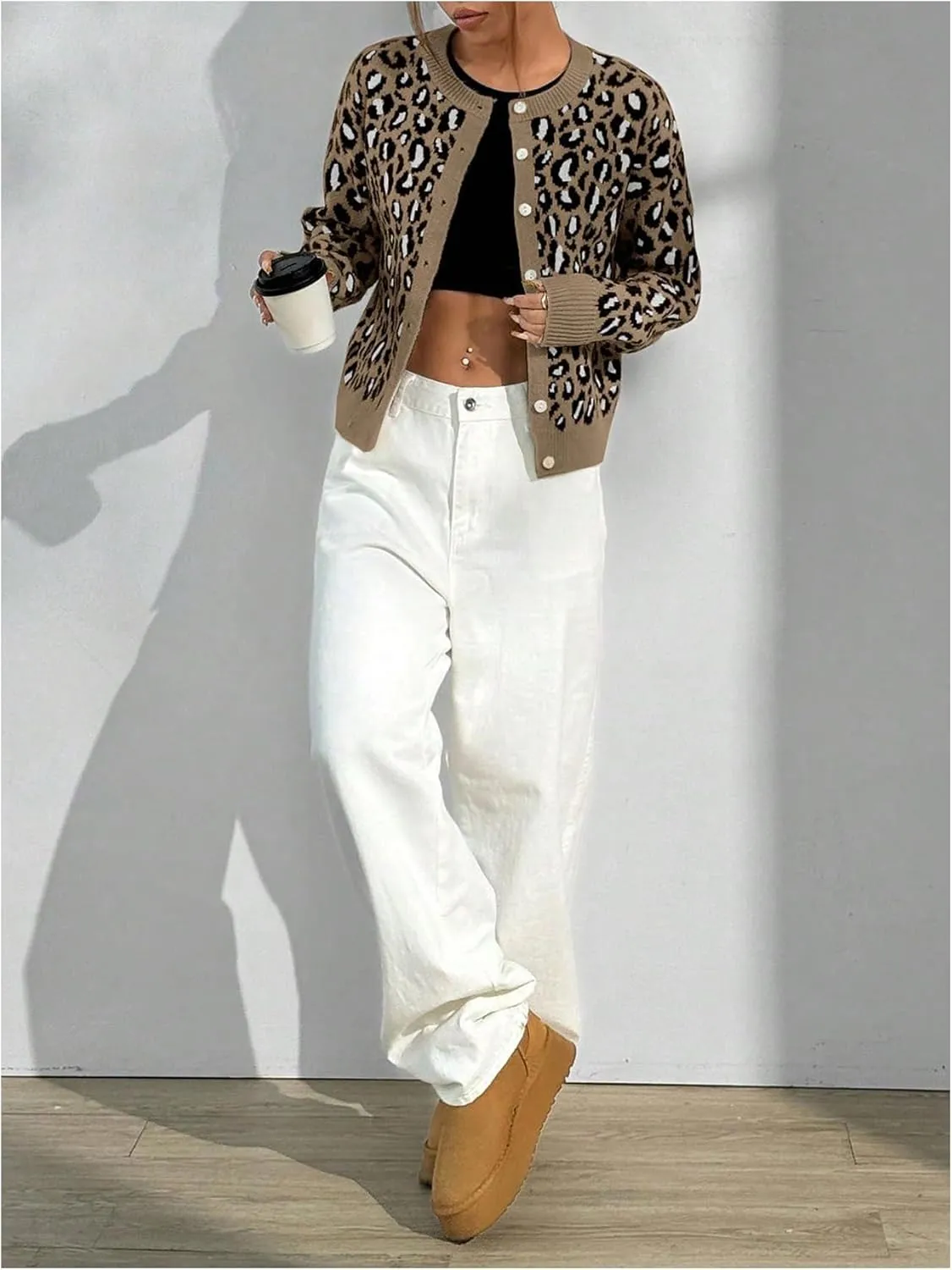 Women's Leopard Print Cardigan Sweater Drop Shoulder Cardigan Cheetah Button Down Crewneck Cardigan Sweater Knit Top