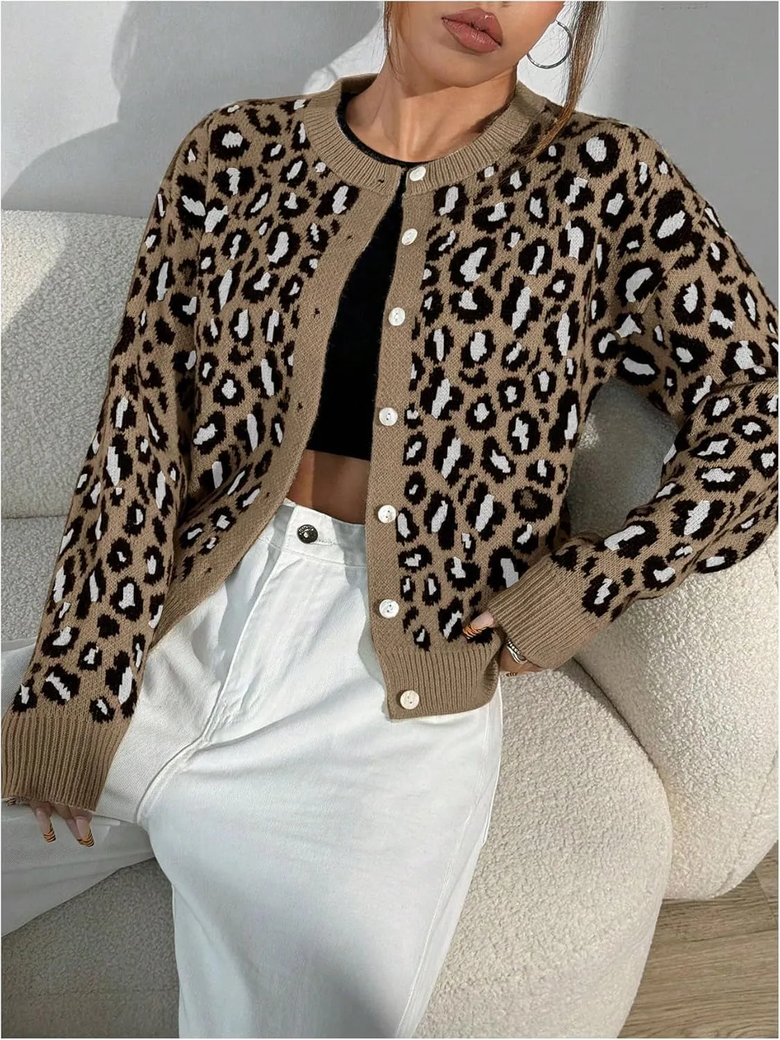Women's Leopard Print Cardigan Sweater Drop Shoulder Cardigan Cheetah Button Down Crewneck Cardigan Sweater Knit Top