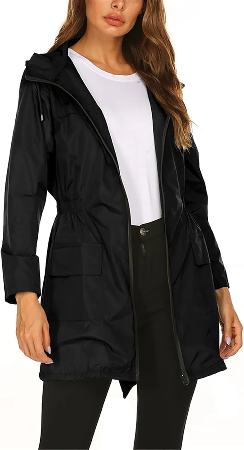 Women's Lightweight Raincoats Windbreaker Rain Jacket Waterproof Outdoor Hooded Trench Coats Travel Hiking