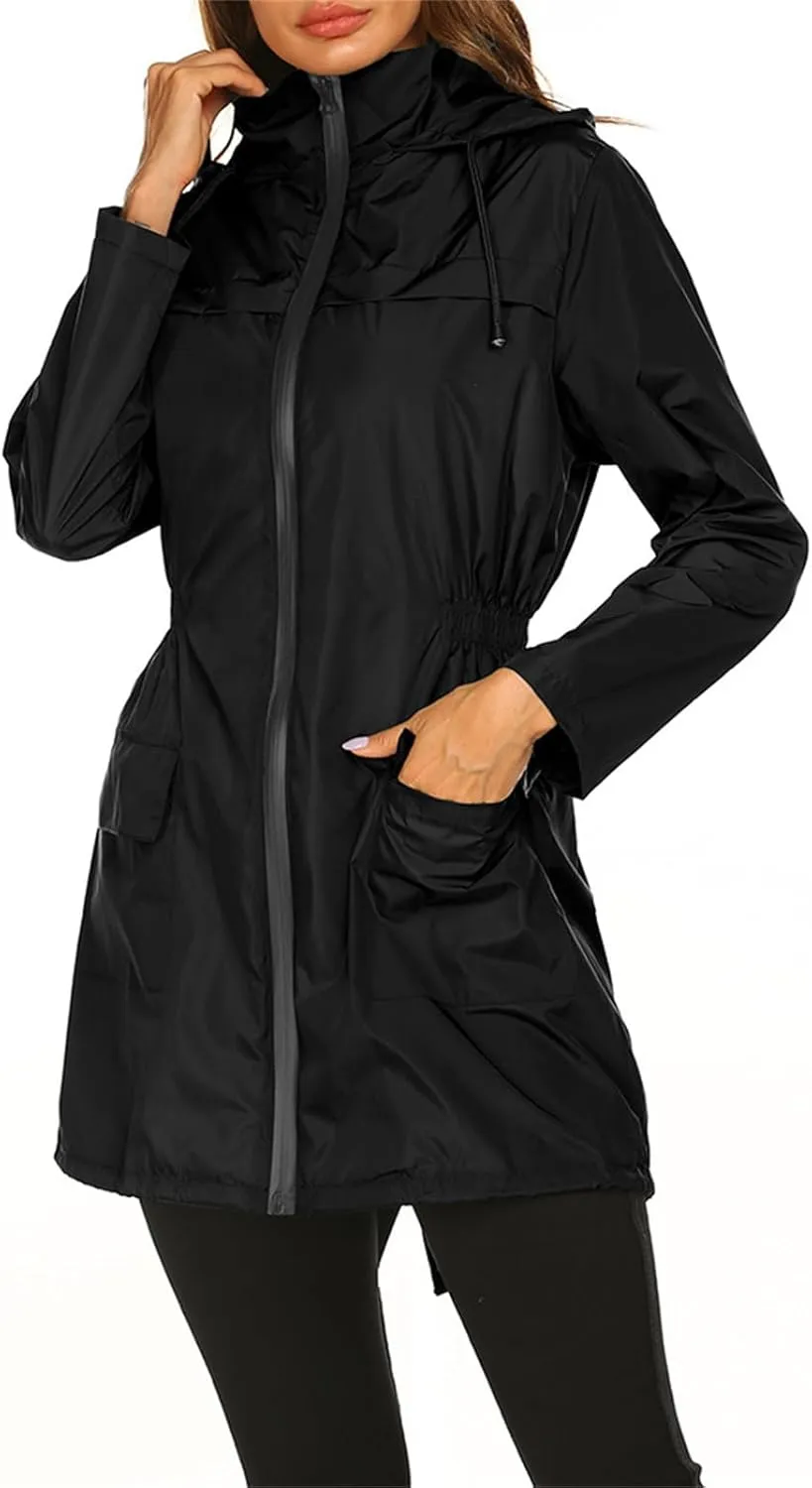 Women's Lightweight Raincoats Windbreaker Rain Jacket Waterproof Outdoor Hooded Trench Coats Travel Hiking