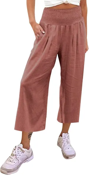 Women's Linen Blend Summer Cropped Pants Low Waist Wide Leg Slim Fit Palazzo Lounge Pants Vacation