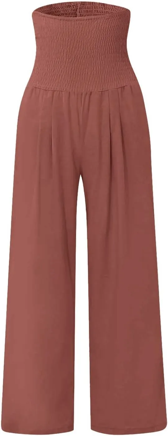 Women's Linen Blend Summer Cropped Pants Low Waist Wide Leg Slim Fit Palazzo Lounge Pants Vacation