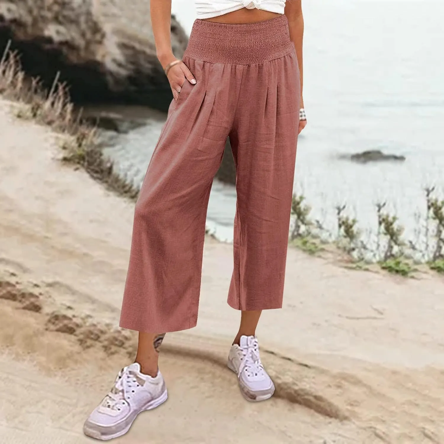 Women's Linen Blend Summer Cropped Pants Low Waist Wide Leg Slim Fit Palazzo Lounge Pants Vacation