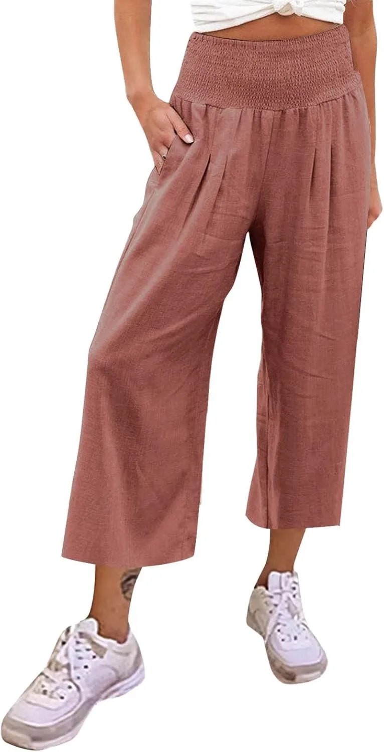 Women's Linen Blend Summer Cropped Pants Low Waist Wide Leg Slim Fit Palazzo Lounge Pants Vacation