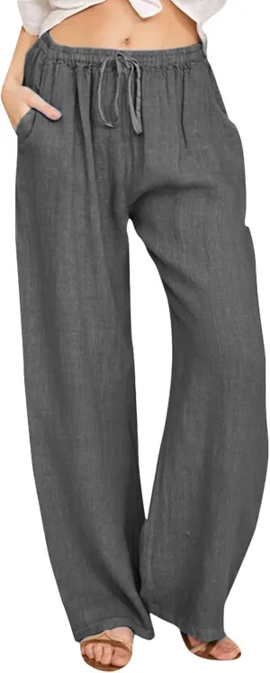 Womens Linen Blend Summer Fashion Pants High Waist Long Lounge Slim Fit Pants Beach