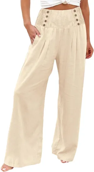 Women's Linen Blend Summer Flowy Pant Trousers Low Waist Ankle Length Loose Fit Trousers Vacation