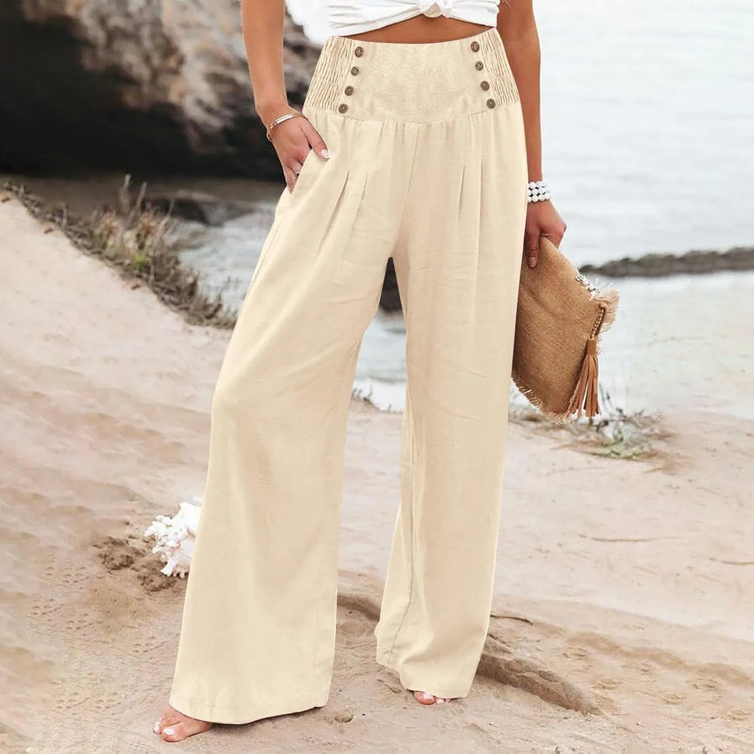 Women's Linen Blend Summer Flowy Pant Trousers Low Waist Ankle Length Loose Fit Trousers Vacation