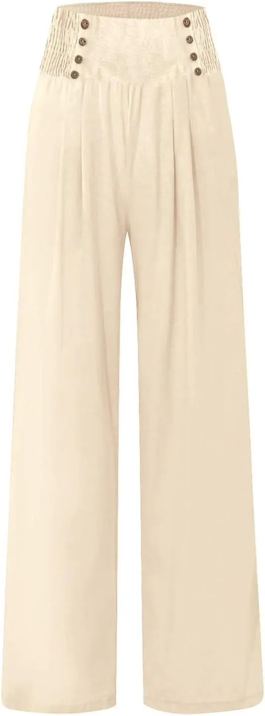 Women's Linen Blend Summer Flowy Pant Trousers Low Waist Ankle Length Loose Fit Trousers Vacation
