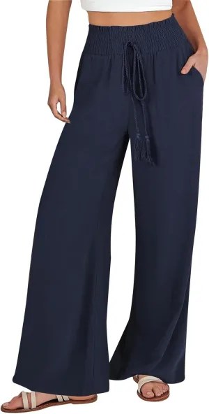 Women's Linen Blend Summer Lightweigt Pant Trousers Elastic Waisted Wide Leg Slim-Fit Pants Beach