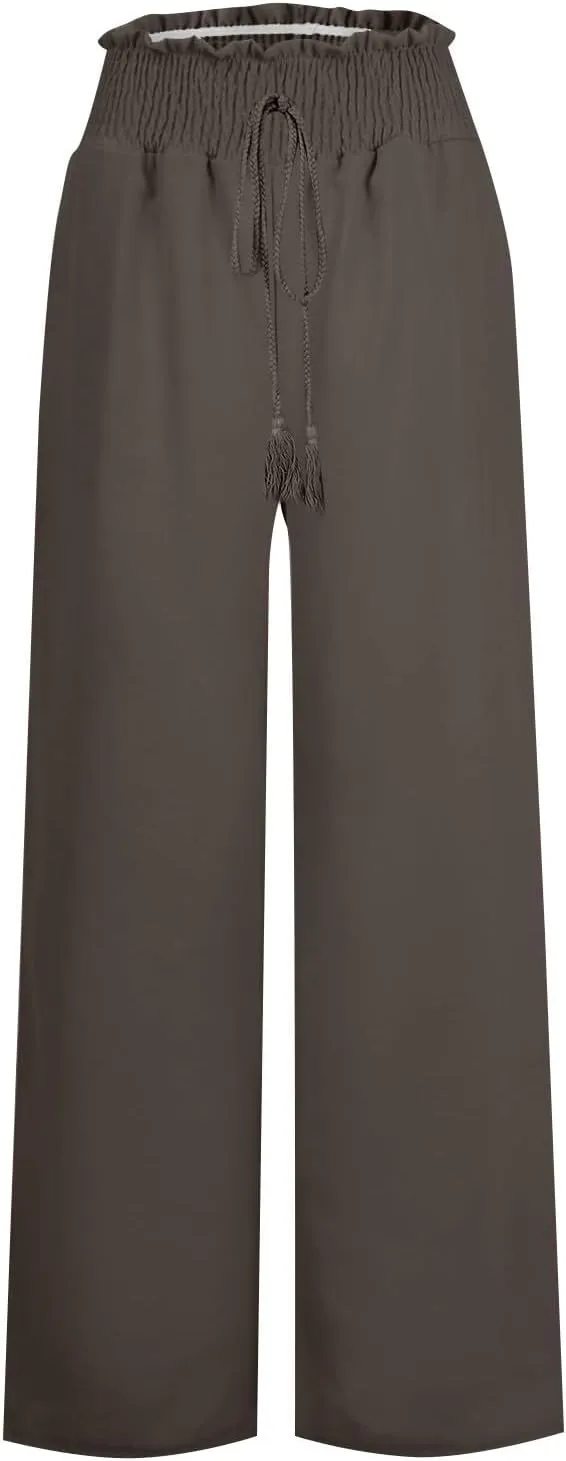 Women's Linen Blend Summer Lightweigt Pant Trousers Elastic Waisted Wide Leg Slim-Fit Pants Beach