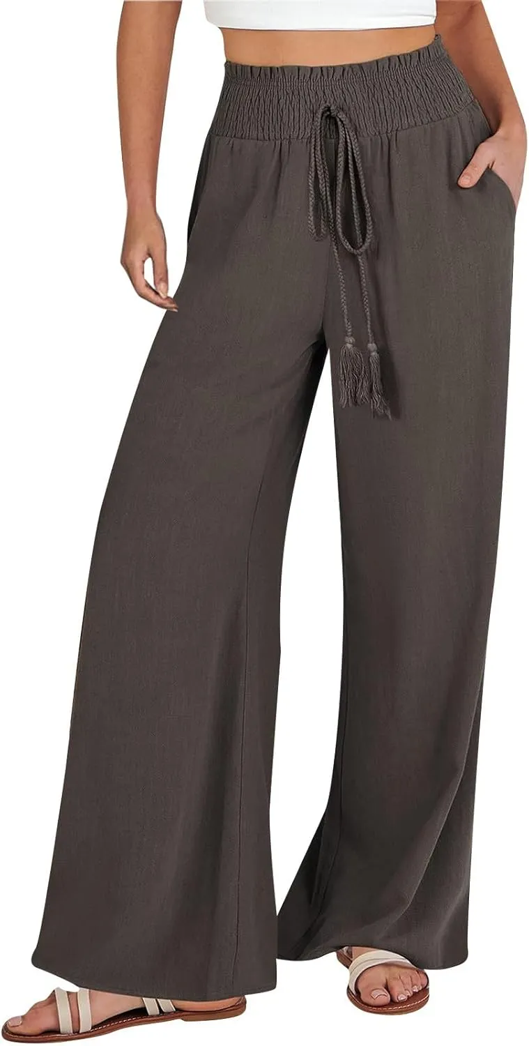 Women's Linen Blend Summer Lightweigt Pant Trousers Elastic Waisted Wide Leg Slim-Fit Pants Beach