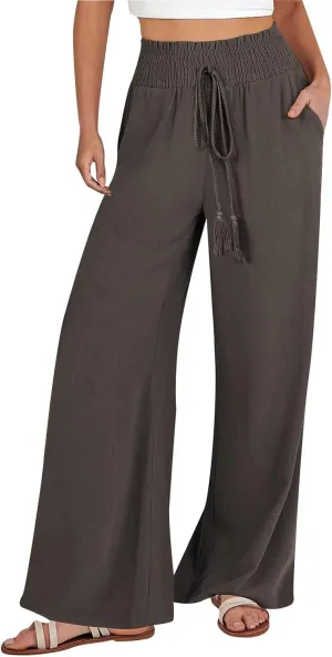 Women's Linen Blend Summer Lightweigt Pant Trousers Elastic Waisted Wide Leg Slim-Fit Pants Beach