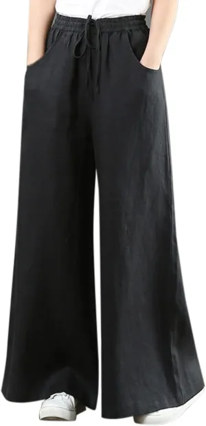 Womens Linen Blend Summer Print Palazzo Pants High Waist Wide Leg Loose Fit Pants Work Business