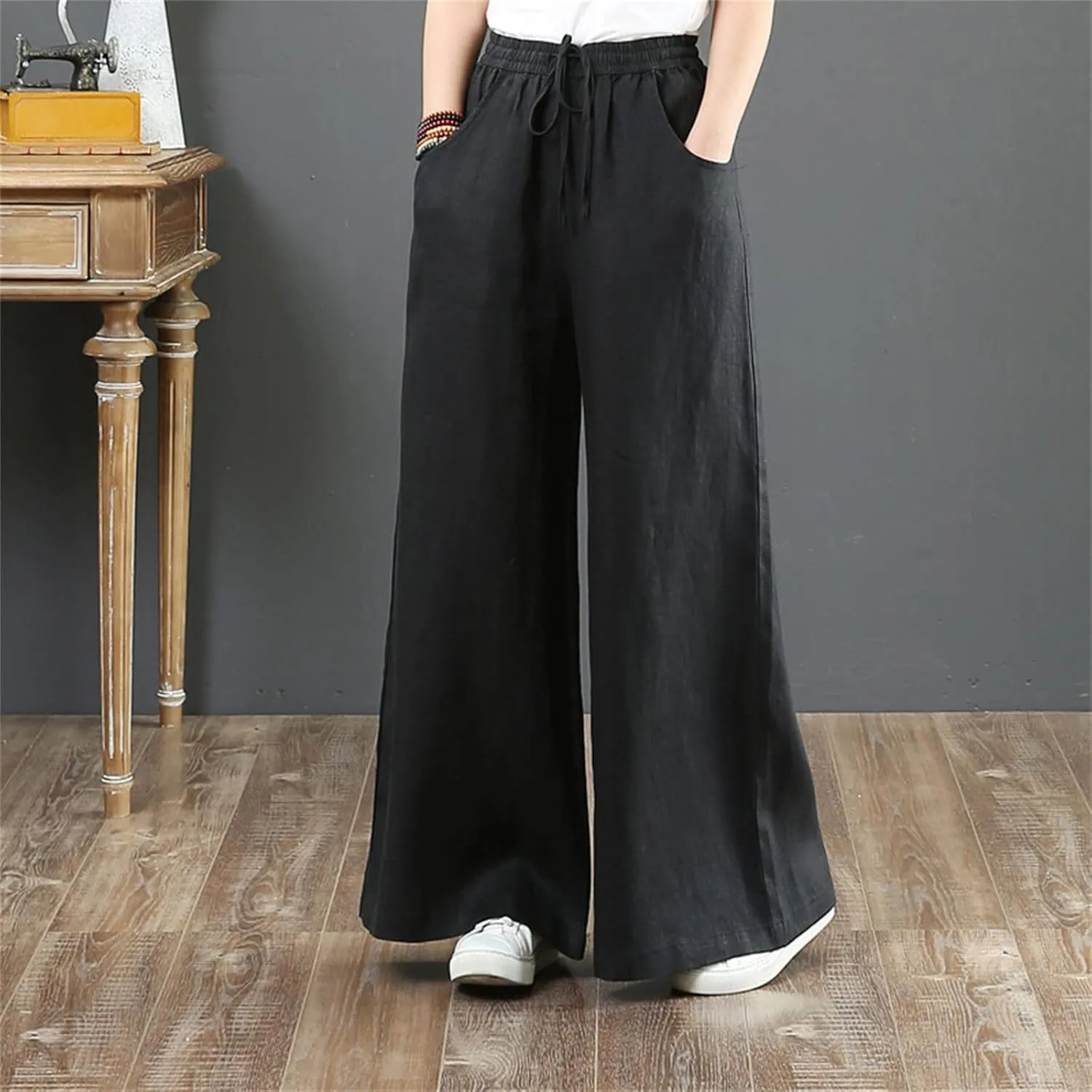 Womens Linen Blend Summer Print Palazzo Pants High Waist Wide Leg Loose Fit Pants Work Business
