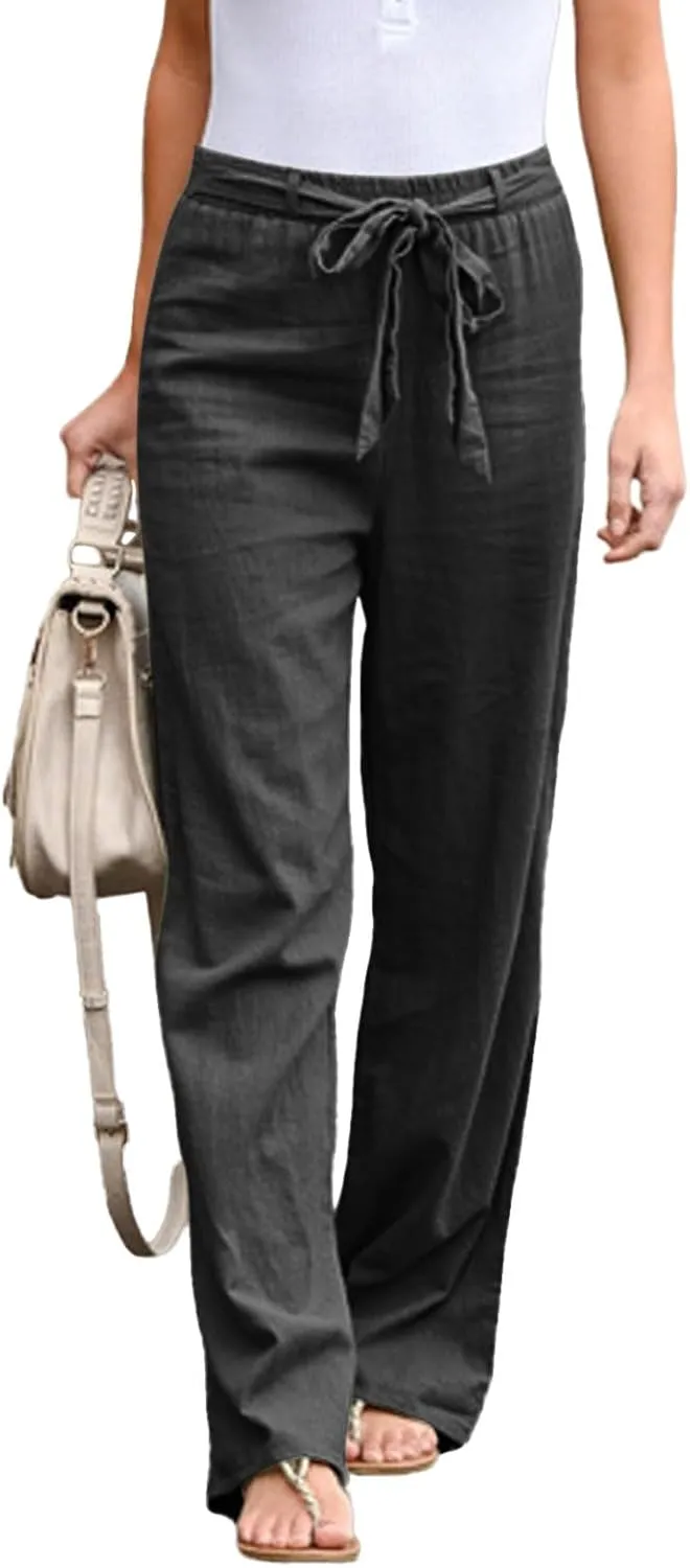 Women's Linen Blend Summer Solid Palazzo Pants High Waist Straight Plus Size Palazzo Lounge Pants Vacation