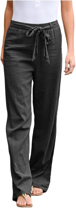 Women's Linen Blend Summer Solid Palazzo Pants High Waist Straight Plus Size Palazzo Lounge Pants Vacation