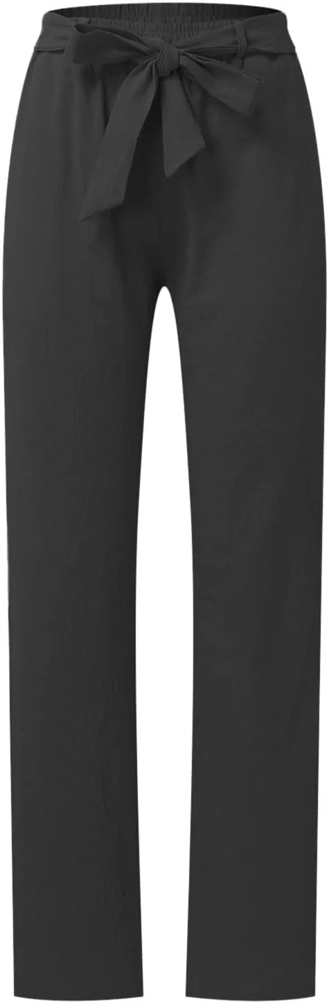 Women's Linen Blend Summer Solid Palazzo Pants High Waist Straight Plus Size Palazzo Lounge Pants Vacation