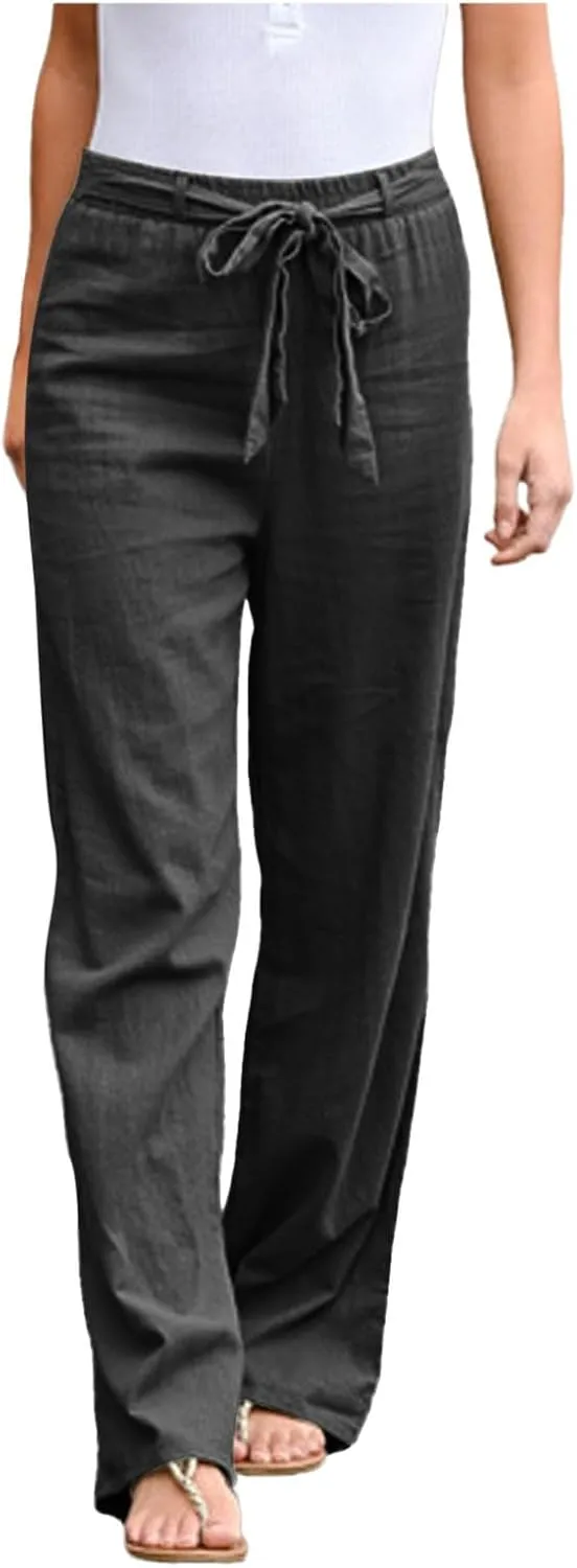 Women's Linen Blend Summer Solid Palazzo Pants High Waist Straight Plus Size Palazzo Lounge Pants Vacation