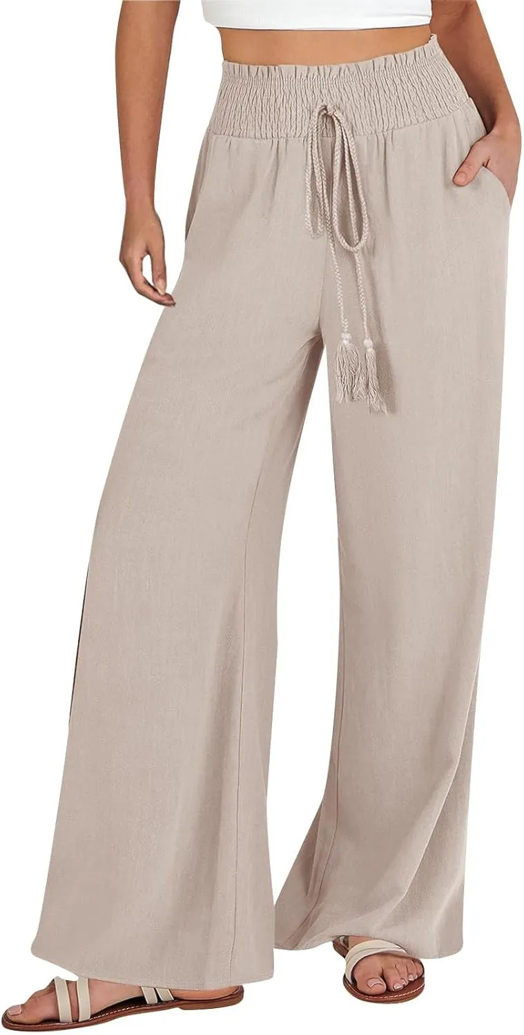 Women's Linen Blend Summer Tie Knot Pants Elastic Waist Baggy Stretchy Loose Fit Palazzo Pants Vacation