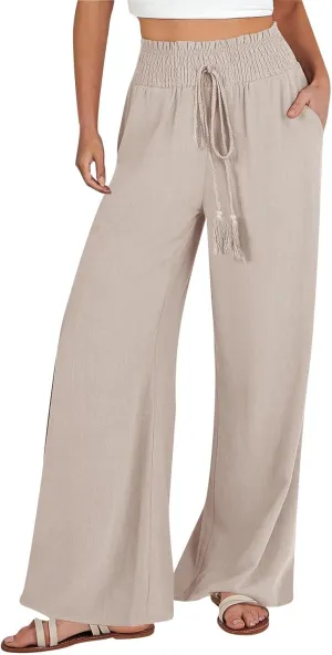 Women's Linen Blend Summer Tie Knot Pants Elastic Waist Baggy Stretchy Loose Fit Palazzo Pants Vacation