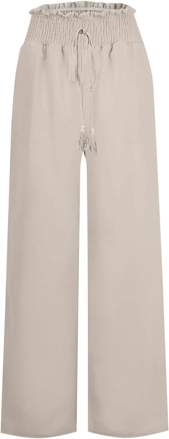 Women's Linen Blend Summer Tie Knot Pants Elastic Waist Baggy Stretchy Loose Fit Palazzo Pants Vacation