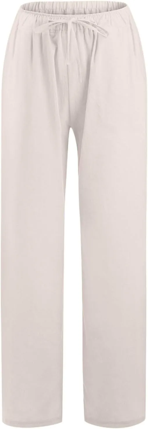 Women's Linen Summer Casual Loose Palazzo Pants Elastic Waisted Wide Leg Plus Size Palazzo Lounge Pants Trendy