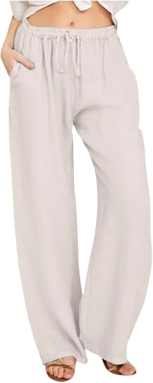 Women's Linen Summer Casual Loose Palazzo Pants Elastic Waisted Wide Leg Plus Size Palazzo Lounge Pants Trendy