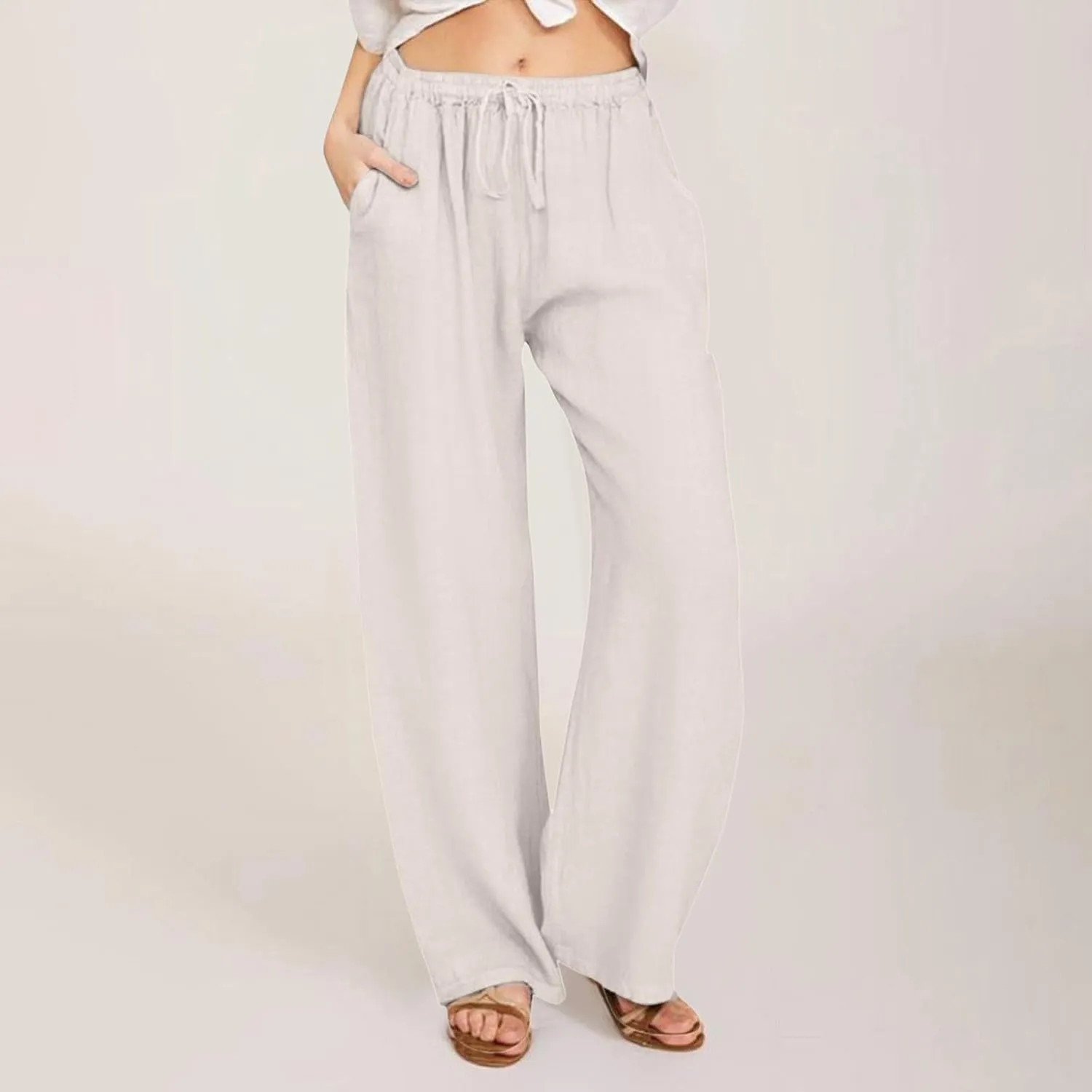 Women's Linen Summer Casual Loose Palazzo Pants Elastic Waisted Wide Leg Plus Size Palazzo Lounge Pants Trendy