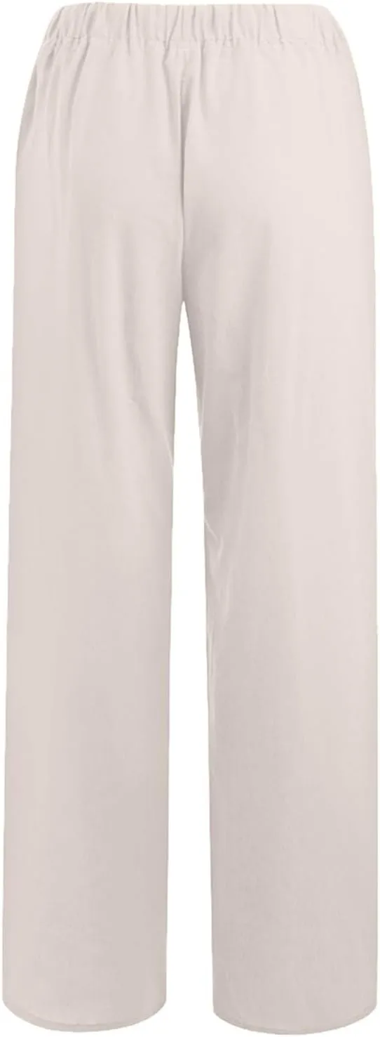Women's Linen Summer Casual Loose Palazzo Pants Elastic Waisted Wide Leg Plus Size Palazzo Lounge Pants Trendy
