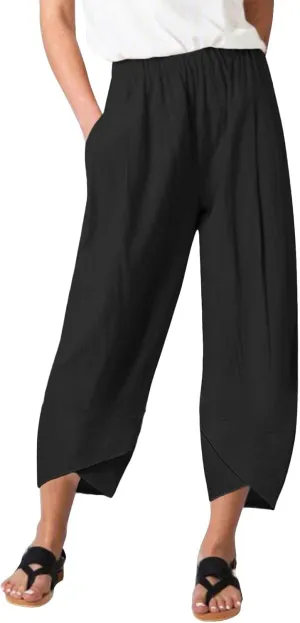 Womens Linen Summer Cropped Palazzo Pants Elastic Waist Lounge Pants Plus Size Pant Trousers Business Work